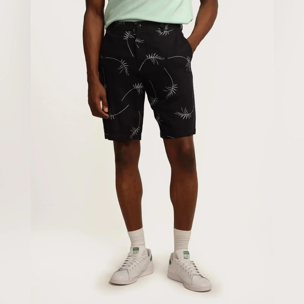 Magaschoni Man Linen Blend Palm‎ Printed Shorts Flat Front Navy White Size 33